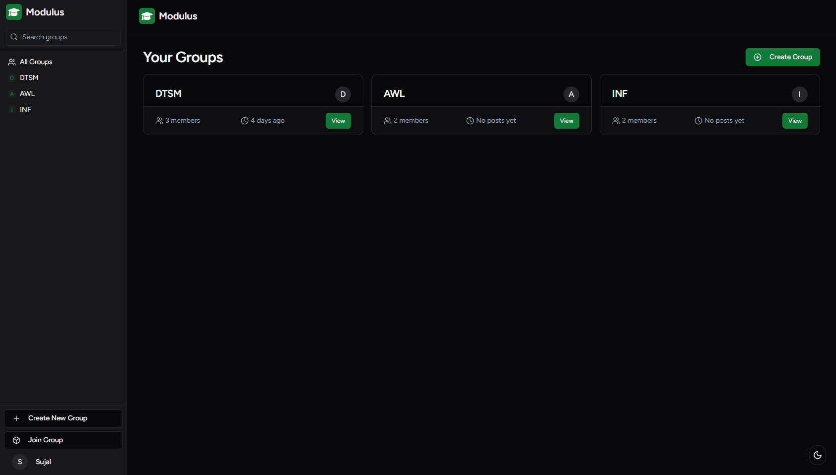 Modulus home showing school groups and group navigation