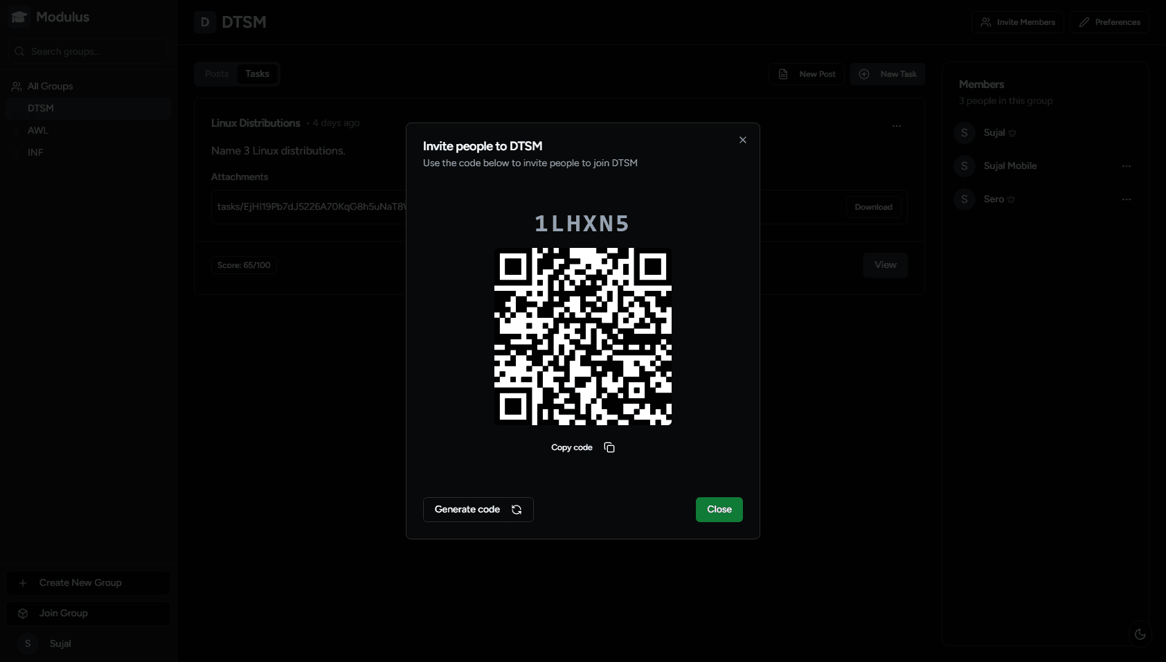 Modulus dialog with an invite code and QR code