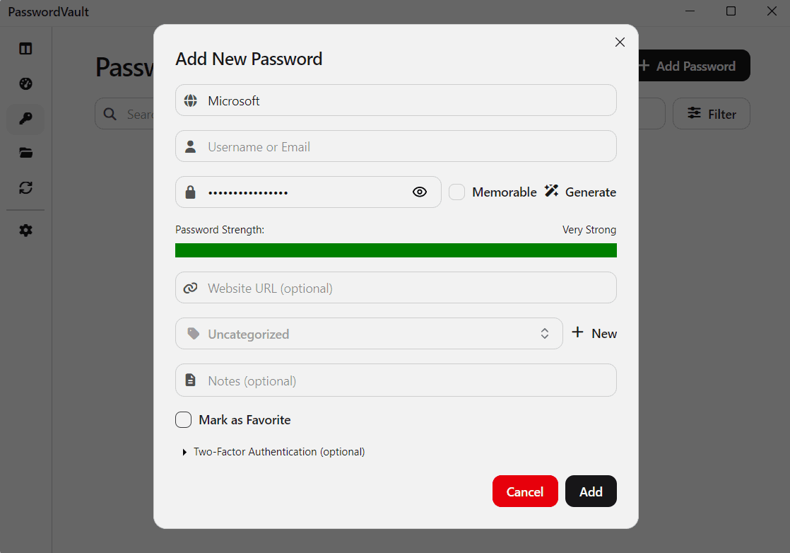 PasswordVault dialog for adding a new password