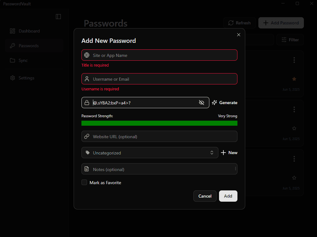 PasswordVault form for adding a new password