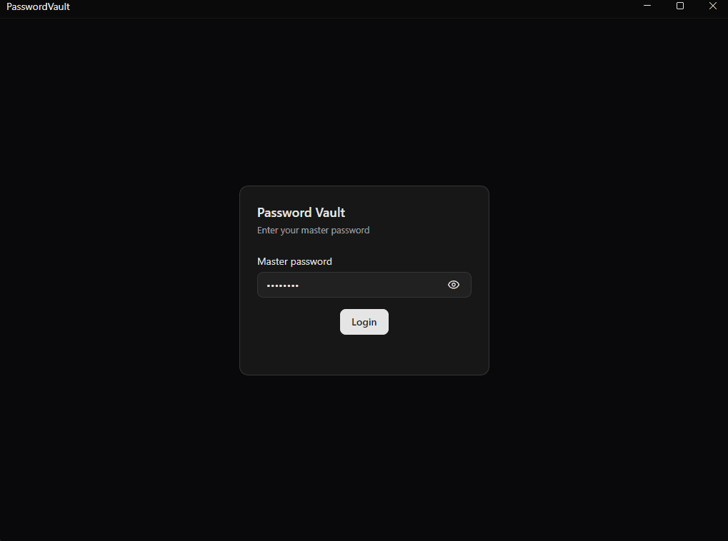 PasswordVault login screen asking for the master password